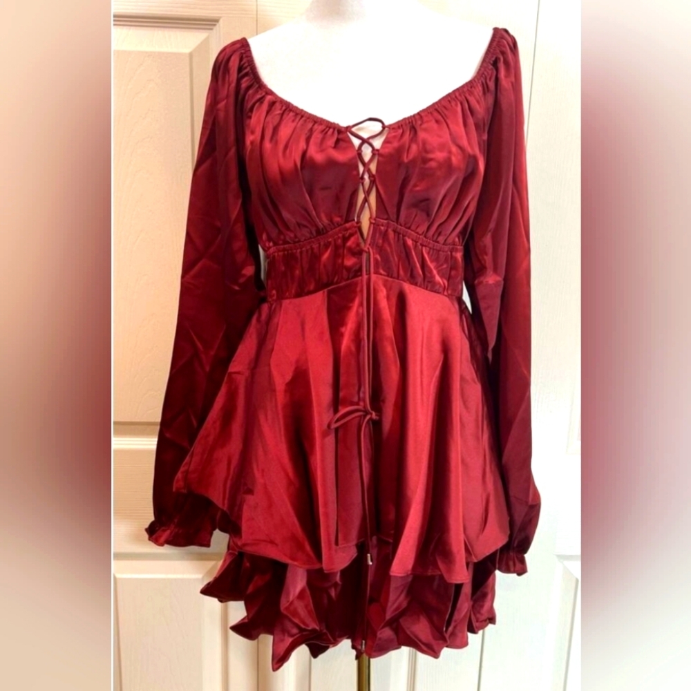 Papermoon Red Lace-Up Balloon Sleeve Satin Romper